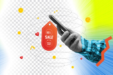 Creative art collage with human hand holding a smartphone with a red sale tag offering 50 percent...