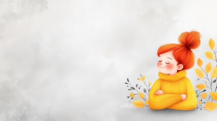 A cute illustration of a girl with red hair wearing a yellow sweater during autumn
