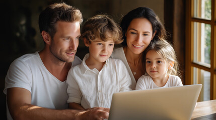 Family video chat in a sunlit room with a laptop