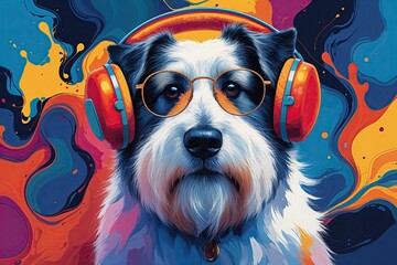 Colorful Bearded Collie Illustration with Earmuffs and Glasses on Abstract Paint Background