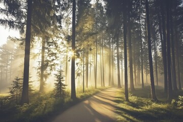 Fototapeta premium Forest trail in early morning mist