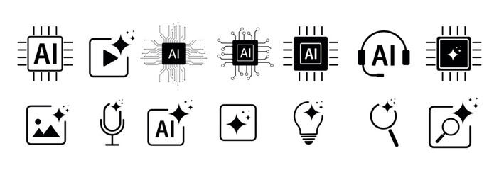 AI Technology and Innovation Icon Set – Microchip, Neural Network, Voice, Video, Image, Lightbulb, and Search Symbols with Spark Effects