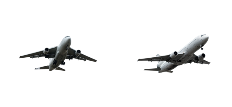 Takeoff and landing action of commercial airplanes airport runway aerial perspective aviation concept. Cut out set png