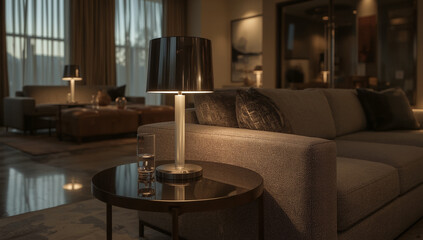 Fototapeta premium Elegantly Lit Living Room at Dusk with Modern Table Lamp, Comfortable Sofa, and Soft Ambient Glow
