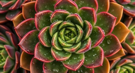 Closeup of Colorful Succulent Plant with Water Droplets, Detailed Macro of Green and Red Echeveria Leaves in Symmetrical Pattern
