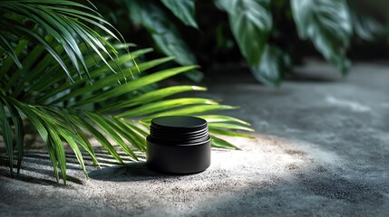 A black jar with a lid surrounded by green leaves on a textured gray surface