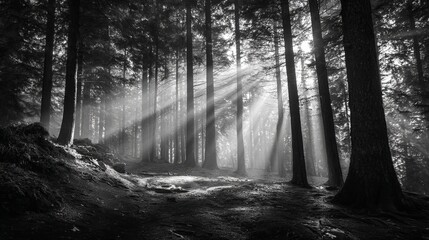 Naklejka premium Mystical sunbeams pierce through foggy forest creating an ethereal, dramatic scene with atmospheric light and shadow play