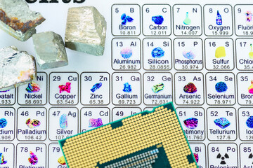 Semiconductor materials diplomacy, Germanium and Gallium trade control, U.S. - China trade truce : A CPU chip rests atop a Periodic Table highlighting rare earth elements like Gallium, Germanium.
