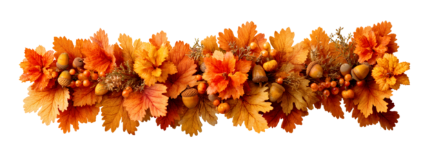 Autumn Leaves and Acorns Garland for Seasonal Decor and Fall Inspiration on transparent background. Halloween or Thanksgiving decor