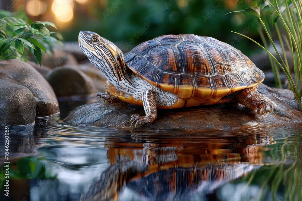 Poster turtle resting on a rock by a calm pond surrounded by greenery in a serene environment