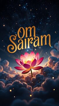 Divine Om Sairam Lotus Blooming in Celestial Clouds