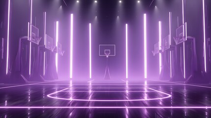 Empty futuristic basketball court bathed in vibrant purple neon light.