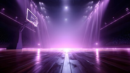 Empty basketball arena lit by vibrant purple spotlights.