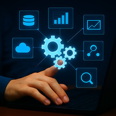 Person interacting with gears and digital icons for data analysis and cloud computing isolated on a transparent background