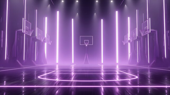 Empty futuristic basketball court bathed in vibrant purple neon light.