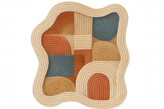 Macrame wall decor showcasing geometric patterns in warm earthy tones, isolated on a transparent background - Powered by Adobe