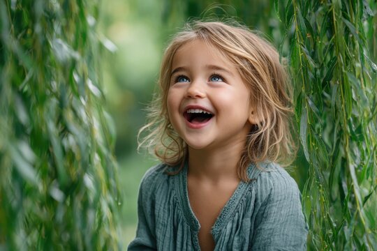 Happy child smiling under willow tree branches in a serene outdoor setting near sunset