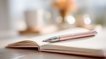 Fototapeta premium A pink pen rests on an open notebook.