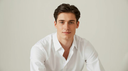 Young man with light shirt posing indoors in neutral tones