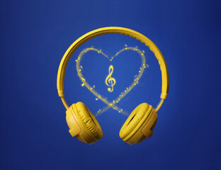 Headphones and heart shape of music notes against blue background