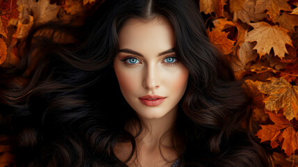 Woman with flowing hair surrounded by autumn leaves