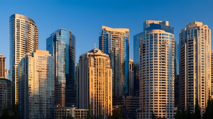 Obraz premium Skyscrapers of a modern city skyline at dawn.