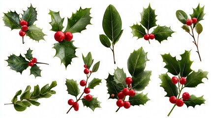 Vibrant Holly Leaves and Red Berries Collection for Festive Designs
