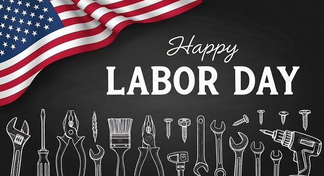 Happy labor day with american flag and various tools - Powered by Adobe