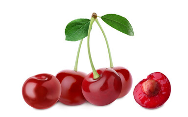 Red juicy cherries isolated on white. Summer fruit