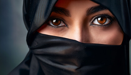 Naklejka premium Mysterious middle eastern woman wearing a Hijab staring with brown eyes