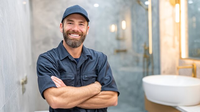 Confident Smiling Plumber in Uniform Posing Professionally