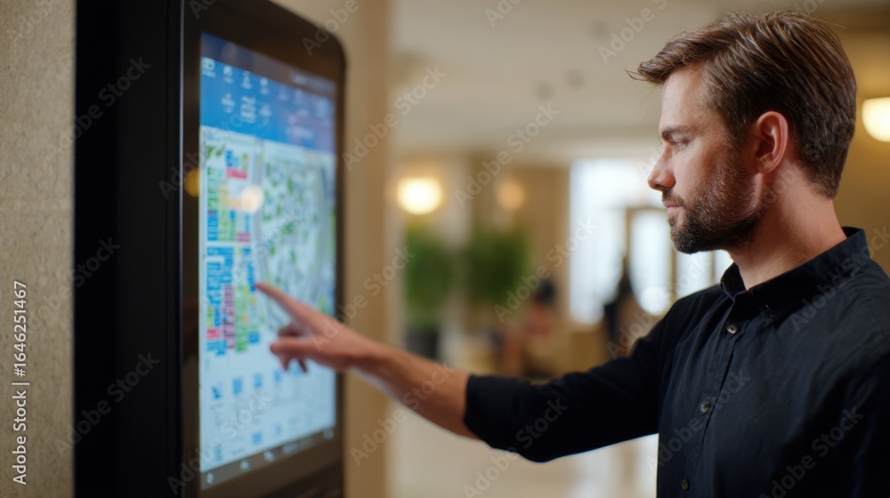 Poster medium shot of a patientsupport representative explaining directions using a digital wayfinding kios