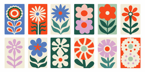 Vibrant mid century modern floral illustrations set