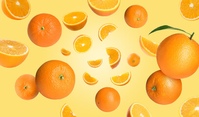 Fresh juicy oranges swirling in air against golden background. Citrus fruit