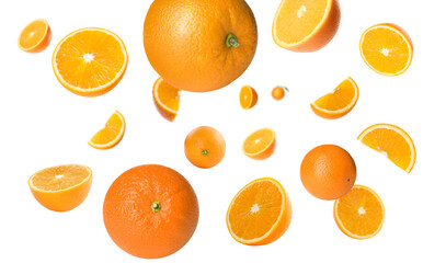 Fresh juicy oranges swirling in air against white background. Citrus fruit