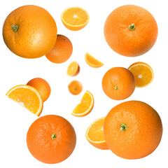 Fresh juicy oranges swirling in air against white background. Citrus fruit