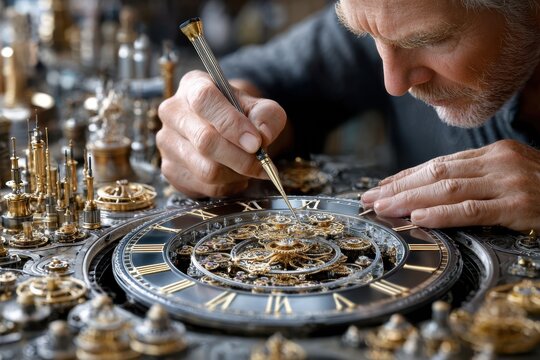 Crafting intricate clock gears in a workshop during daylight hours