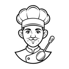 Continuous line art chef face logo with ladle nose, minimalist culinary illustration, modern kitchen restaurant branding vector design