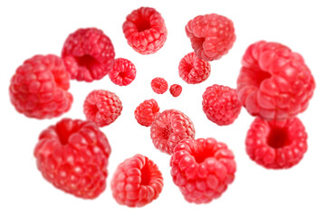 Fresh raspberries swirling in air against white background