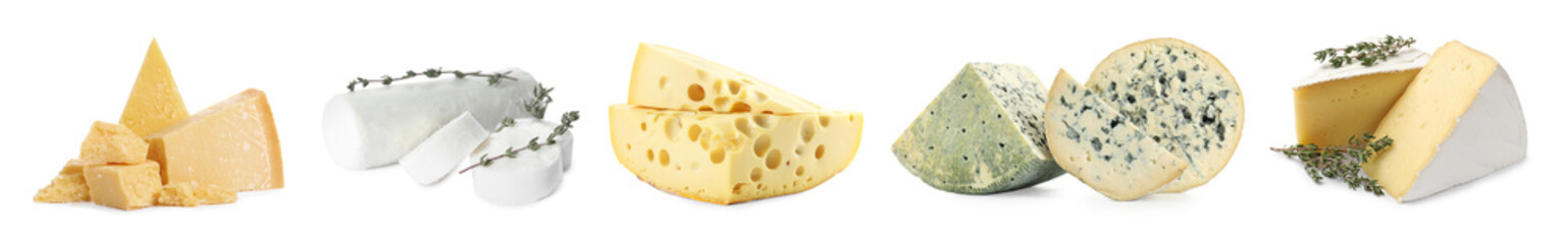Variety of cheeses isolated on white, set