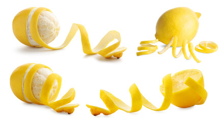 Fresh lemons with peels isolated on white, set. Citrus fruit