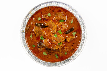 Indian Beef Curry Dish Menu Item on white background, top down view
