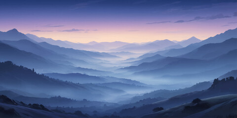 Blue Mountain Landscape Background with Misty Horizon and Sunrise Sky for Nature, Travel, and Minimal Abstract Design.