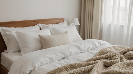 A bright and airy bedroom with a comfortable bed and cozy throw.