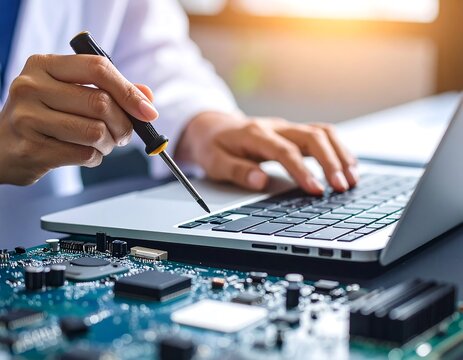 Technician repairs laptop circuit board