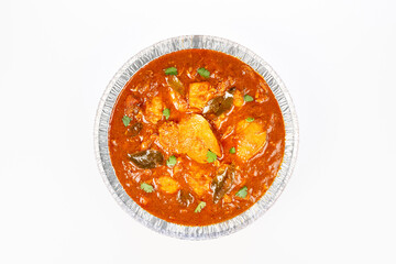Indian Chicken Curry Dish Menu Item on white background, top down view