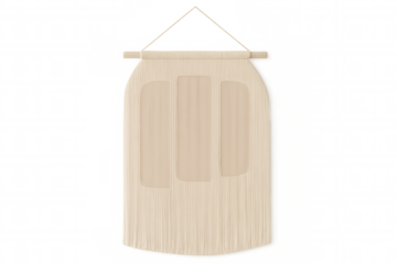 Macrame wall hanging supporting three blank photo frames, presenting minimalist bohemian interior design element against neutral background