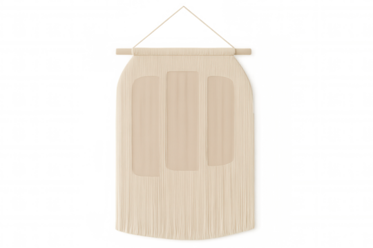 Macrame wall hanging supporting three blank photo frames, presenting minimalist bohemian interior design element against neutral background