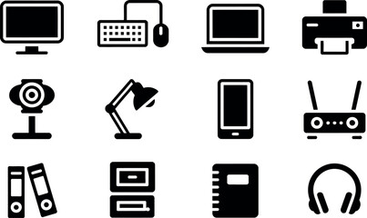 Modern Office Technology Icons:  Simple, Bold, Black Glyph Style
