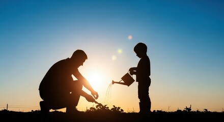 Father and son planting a seedling at sunset, nurturing growth